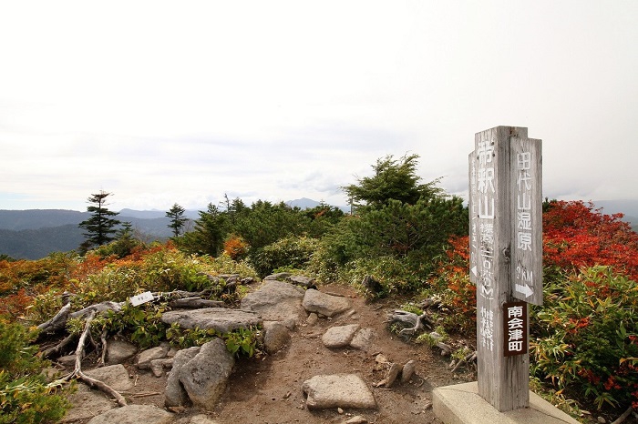 帝釈山(標高2060m)山頂は展望もよく針葉樹林帯の美しい、おすすめの山です(2016年9月27日の画像です)。