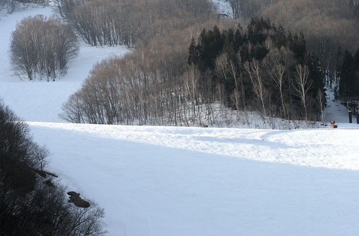 ブルーコースのインコース最上部からノンストップで小回りターンで滑り続けてくると最後のこの斜面変化下で体が遅れそうになるのを、力を抜いたエッチングにより、ポジションを上げることとともに、疲れた中でも、ポジションをセンターにキープすることを学ぶことができます（２０２６年３月１８日）。