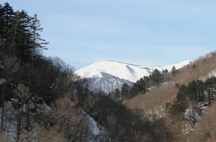 山また山のそのまた奥の檜枝岐村に雄大にそびえる、会津駒ケ岳（標高２１３２．４ｍ）。なかなかその全容を望む場所はありませんが、残雪の輝きに染まる大戸沢岳の春の光景が、檜枝岐村がいかに深山の山村であるかを教えてくれています（２０２６年３月１９日）。

